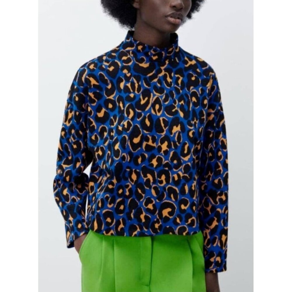 ZARA Long Sleeve Jacquard Jumper Sweater Sze Small Blue Orange Leopard Print NWT